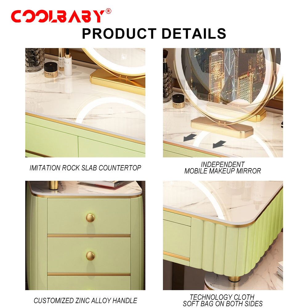 COOLBABY Mint Green Vanity Table Set with LED Mirror and Chair_Elegant Solid Wood Dressing Table-GCC Home Center
