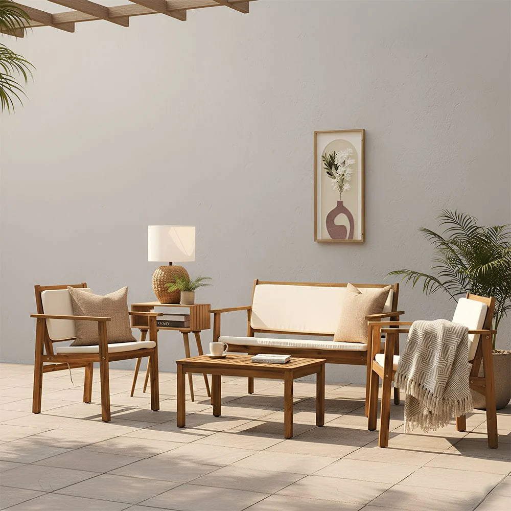 Elegant 4-Seater Sofa Set – Natural Wood