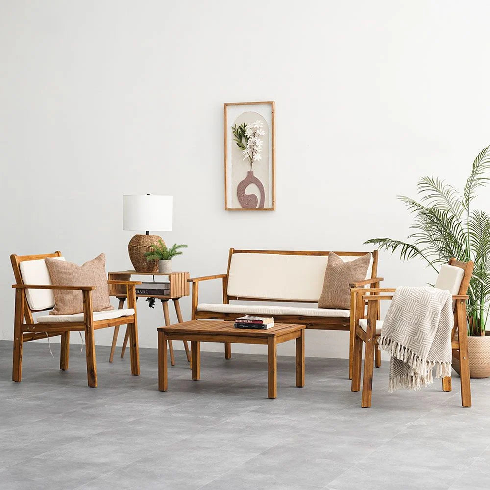 Elegant 4-Seater Sofa Set – Natural Wood