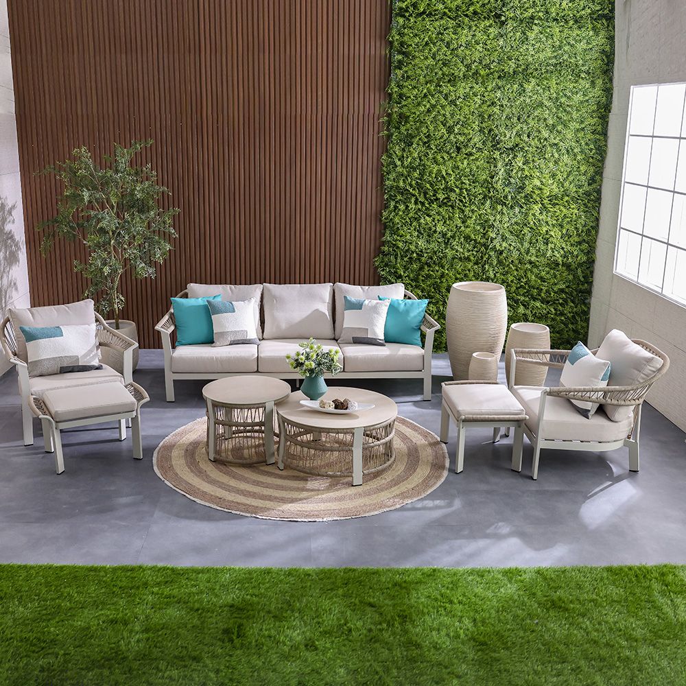 Luxury 5-Seater Aluminum Rope Sofa Set with 2 Tables – Beige