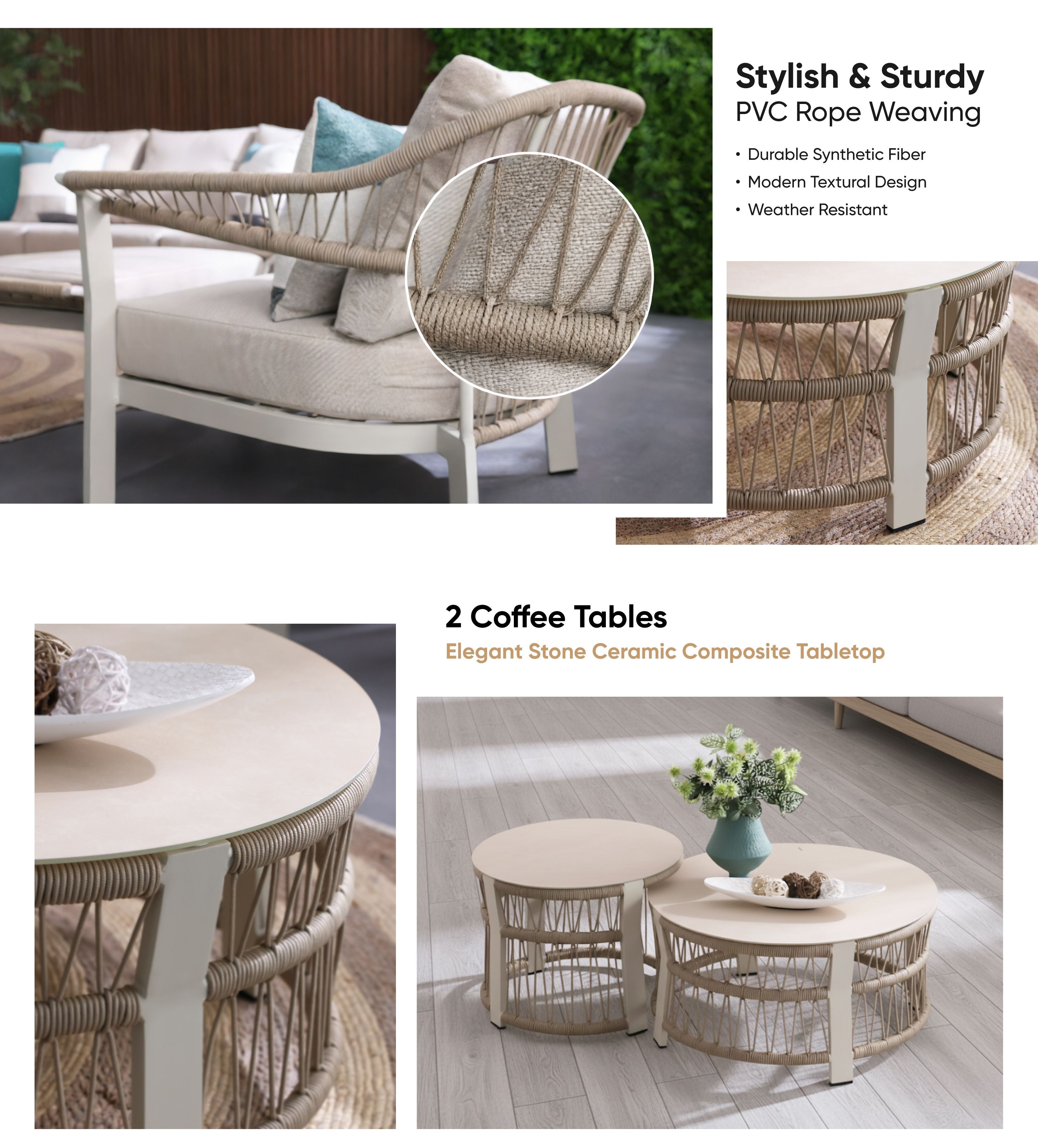 Luxury 5-Seater Aluminum Rope Sofa Set with 2 Tables – Beige