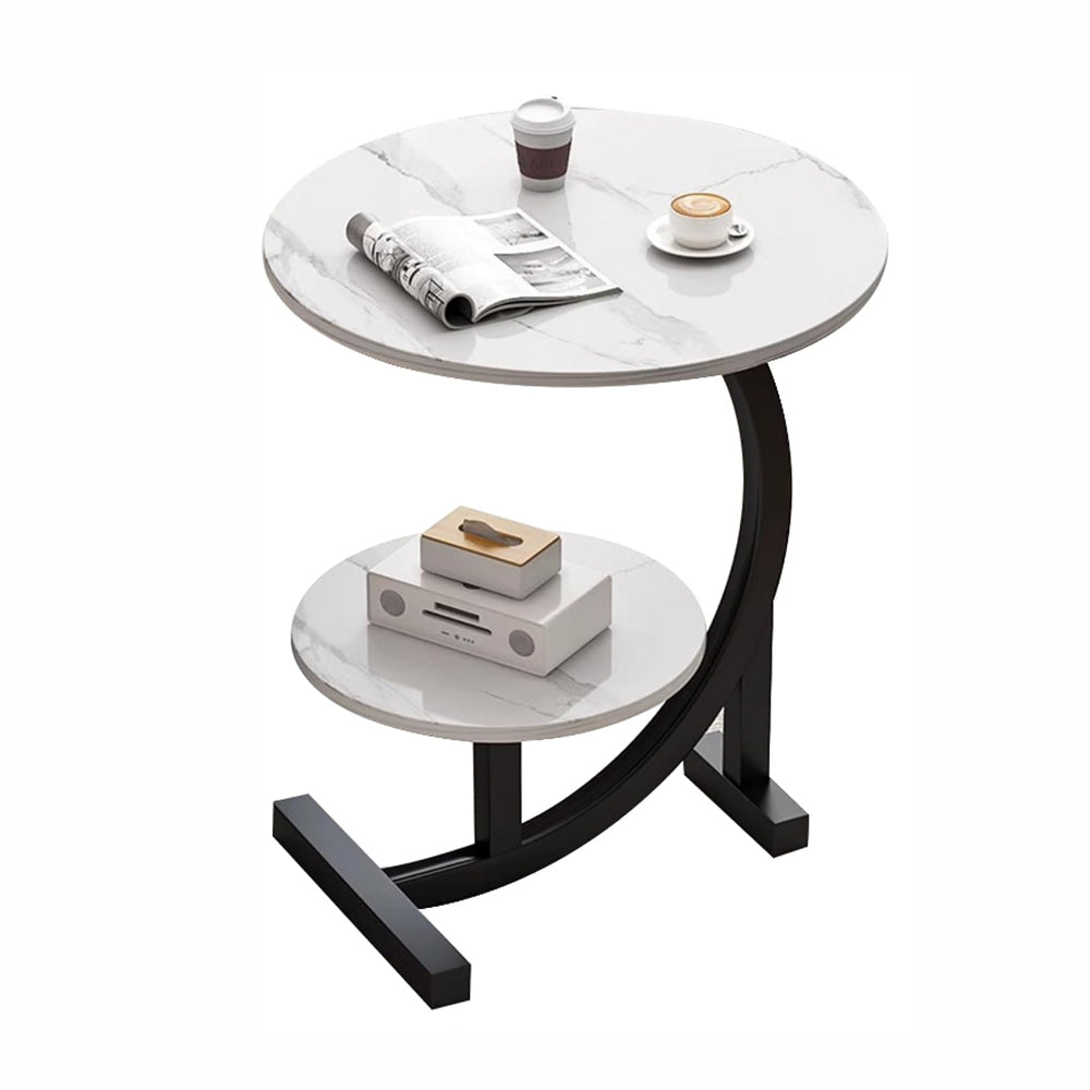 Round Side Coffee Table, C Shaped End Table for Living Room - White Marble-GCC Home Center