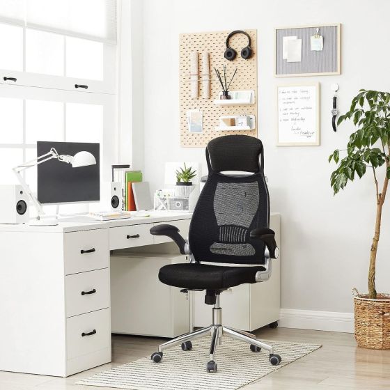 High Back Office Mesh Chair Swivel Adjustable Chair Mesh Backrest with Headrest and Flip Up Armrests Chair Black for Home, Office, Study Room-GCC Home Center