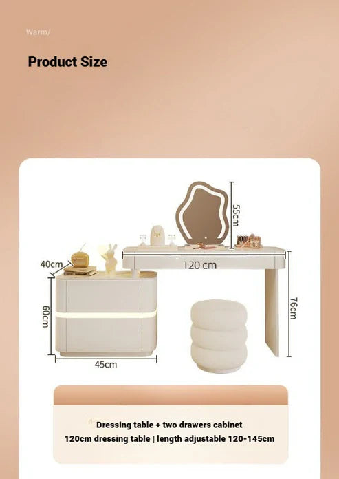 Modern White Dressing Table with LED Mirror - Sleek Makeup Vanity Desk with Slate Marble Finish and Soft-Close Drawers-GCC Home Center