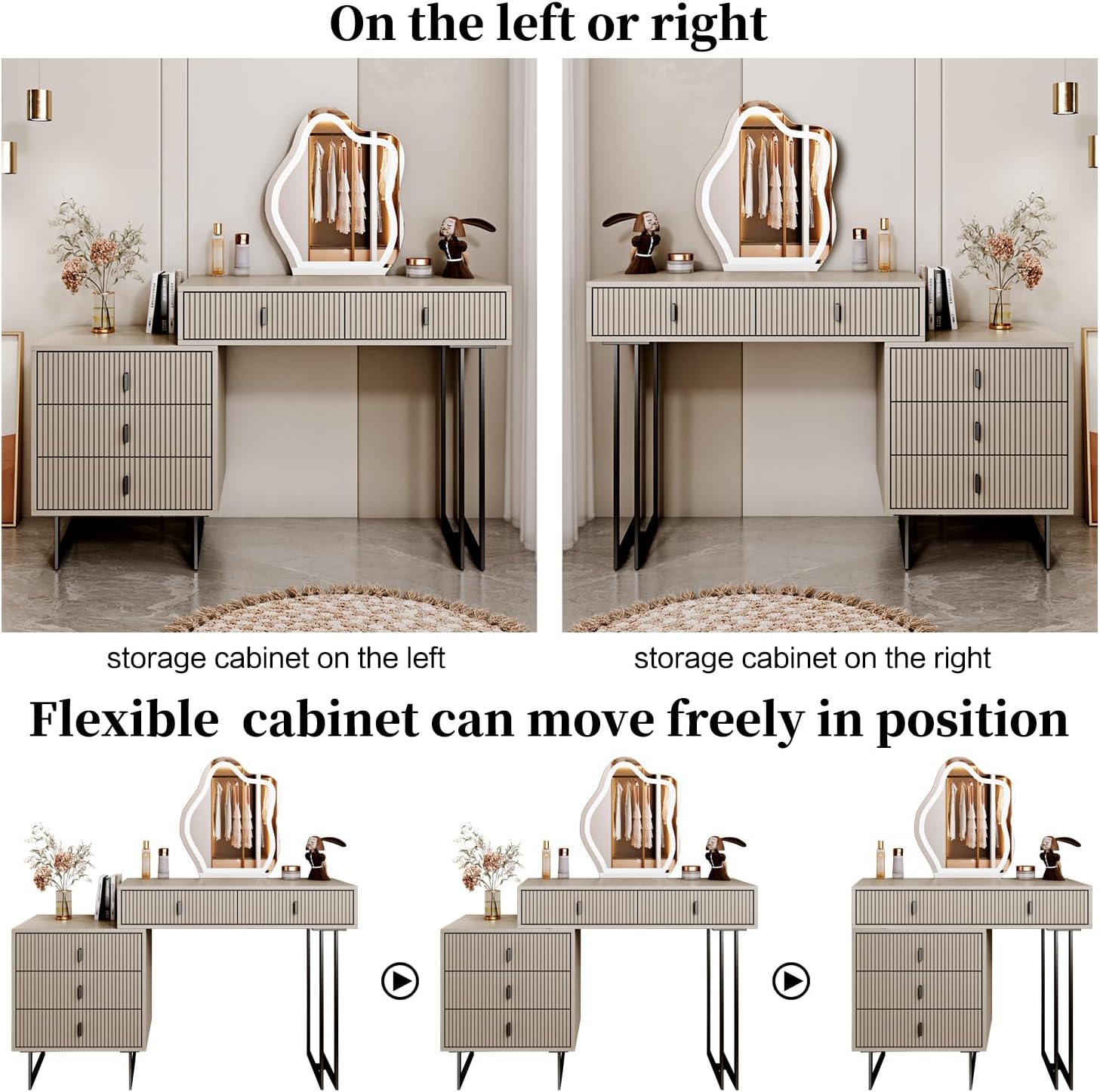 Modern Beige Vanity Desk with Wavy LED Mirror, Drawers, and Storage - Perfect for Makeup, Study, and Consoles-GCC Home Center