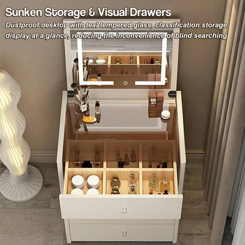 Smart Compact Dressing Vanity Table with LED Mirror, Foldable Bench, and Storage Drawers-GCC Home Center