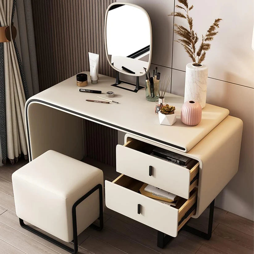 White Vanity Table Twined from Left Side with Two Storage Drawers, Mirror and Stool-GCC Home Center