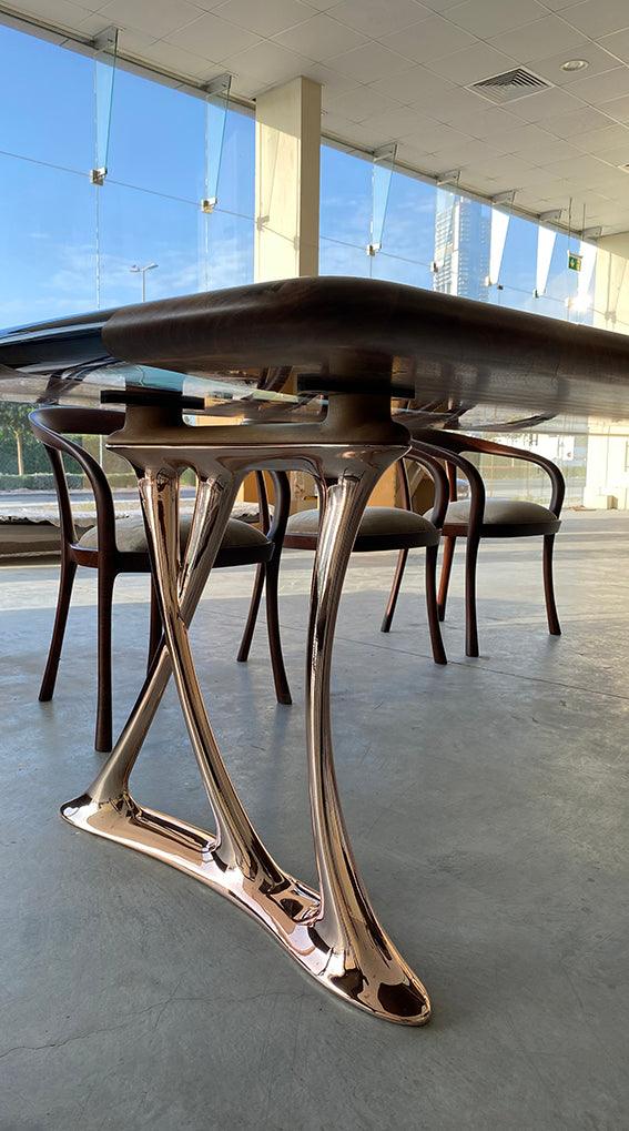 Pre Order Luxury Solid Wood & Resin Dining Table With Rose Gold Finish Metal Legs