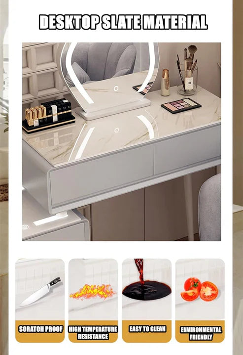 Smart Vanity Table with LED Mirror, Bluetooth Speaker, Wireless Charging - White, Solid Wood-GCC Home Center