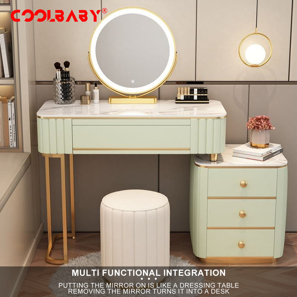 COOLBABY Mint Green Vanity Table Set with LED Mirror and Chair_Elegant Solid Wood Dressing Table-GCC Home Center