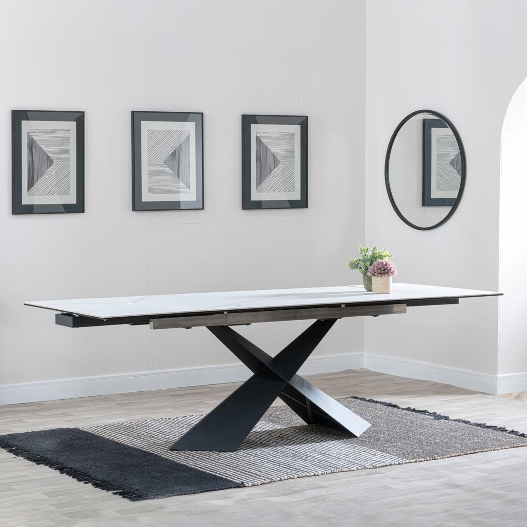 Hayden White Ceramic 4-8 Seater Extending Dining Table with Black Cross Base-GCC Home Center
