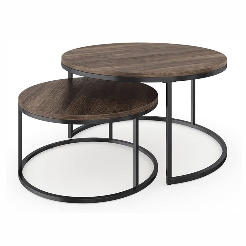 Set of 2 Round Coffee Table with Solid Wood Grain Top and Metal Farm - Rustic Brown & Black Walnut-GCC Home Center