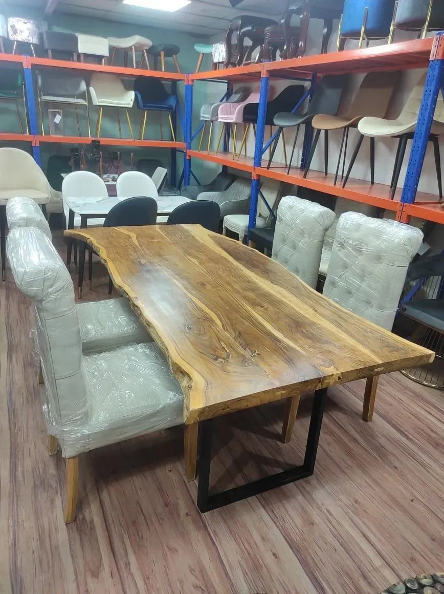 Elegant Acacia Wood & Wrought Iron Vintage Dining Table