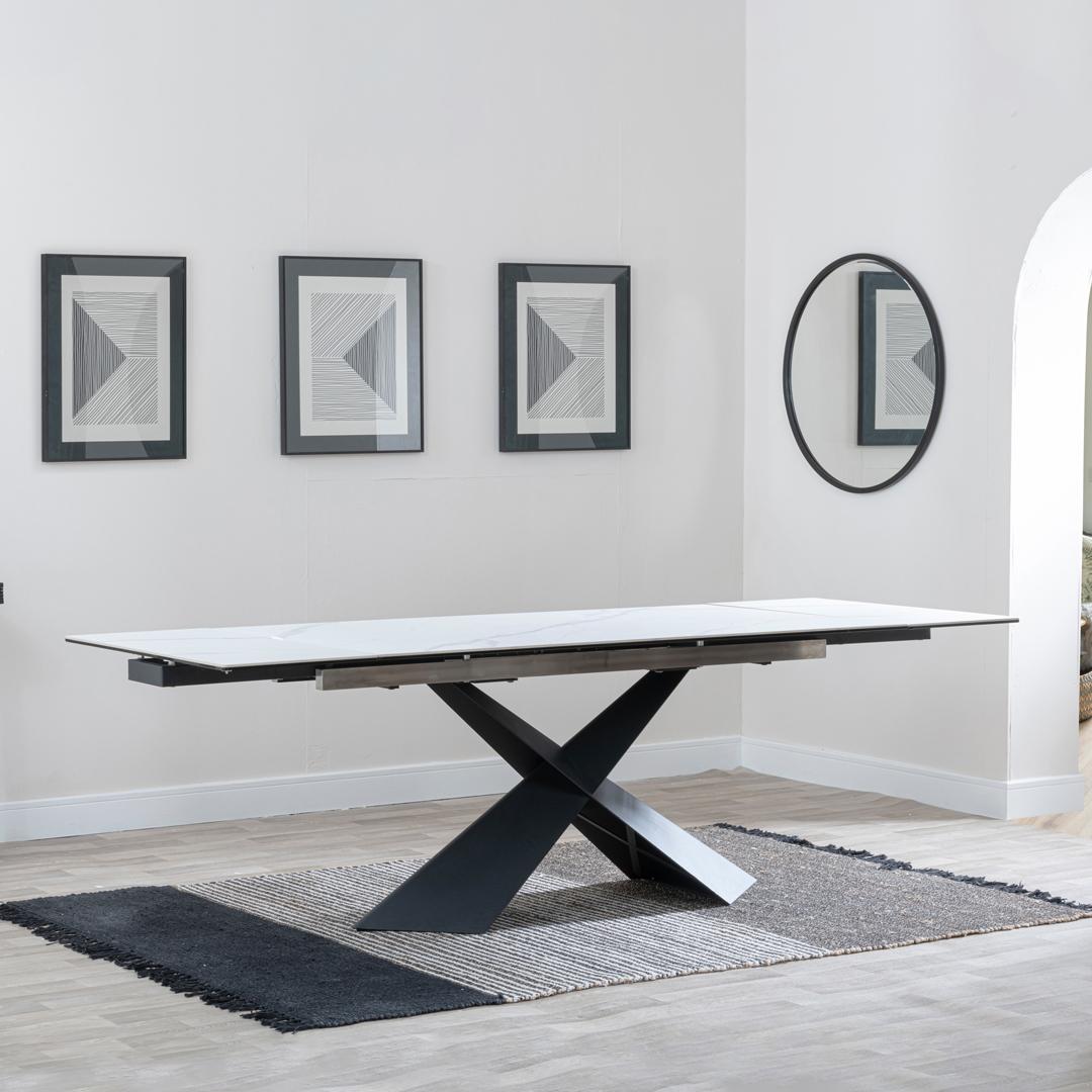 Hayden White Ceramic 4-8 Seater Extending Dining Table with Black Cross Base-GCC Home Center