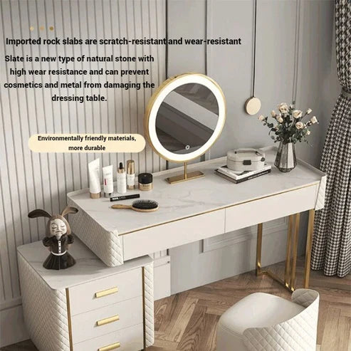 Modern White Vanity Table with LED Mirror and Marble Top-GCC Home Center