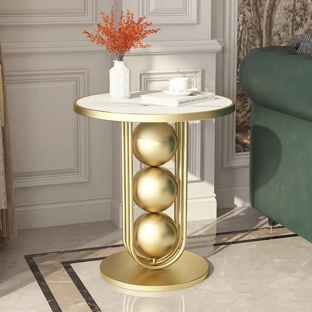 Modern Round Slate Marble Side Table | Luxury Coffee Table with Metal Base | Minimalist Accent Table for Living Room & Bedroom | Black & Gold