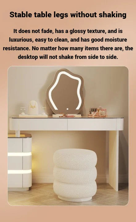 Modern White Dressing Table with LED Mirror - Sleek Makeup Vanity Desk with Slate Marble Finish and Soft-Close Drawers-GCC Home Center