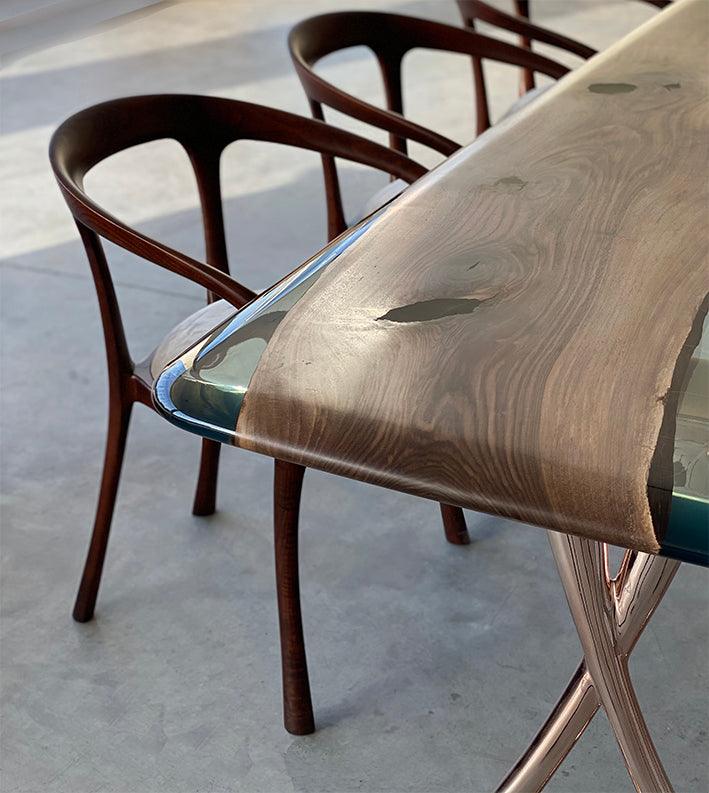 Pre Order Luxury Solid Wood & Resin Dining Table With Rose Gold Finish Metal Legs