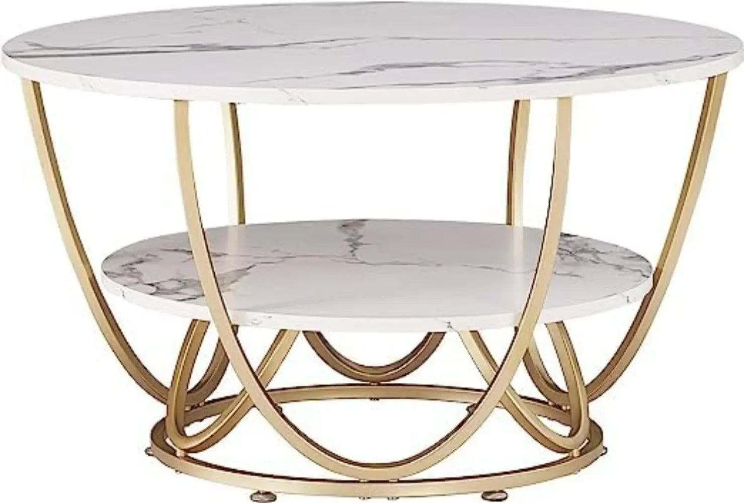 Round Coffee Table with Marble Top Like Finish Stylish 2-Tier Design