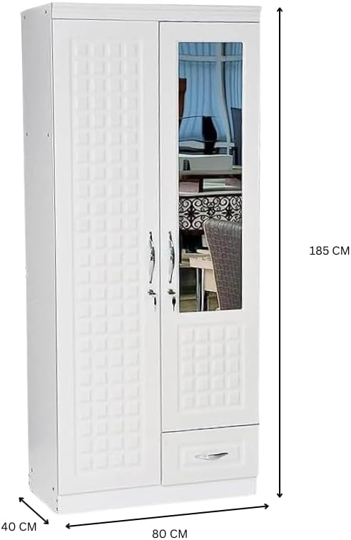 ALWASIT HOME Mehruddin 2 Door Wooden Wardrobe With Mirror with One Lockable Drawer (Without assembly, White)-GCC Home Center