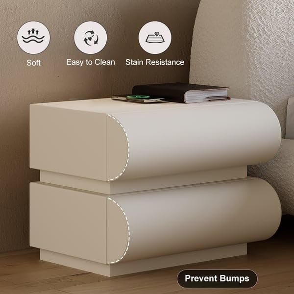 Modern Bedside Table for Bedroom, Leather Bedside Table with 2 Solid Wood Drawers - White-GCC Home Center