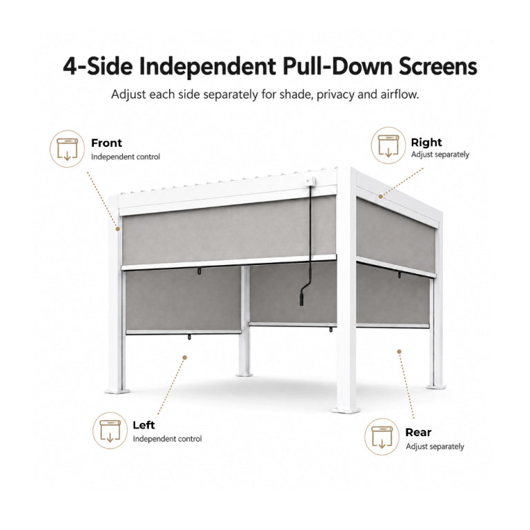 3x4m Manual Textilene Pergola with 4 Roller Blinds | Aluminum Outdoor Sun Shade Gazebo for Patio, Garden & Terrace