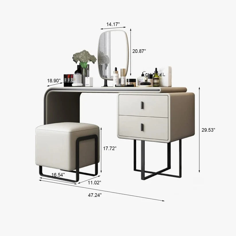 White Vanity Table Twined from Left Side with Two Storage Drawers, Mirror and Stool-GCC Home Center