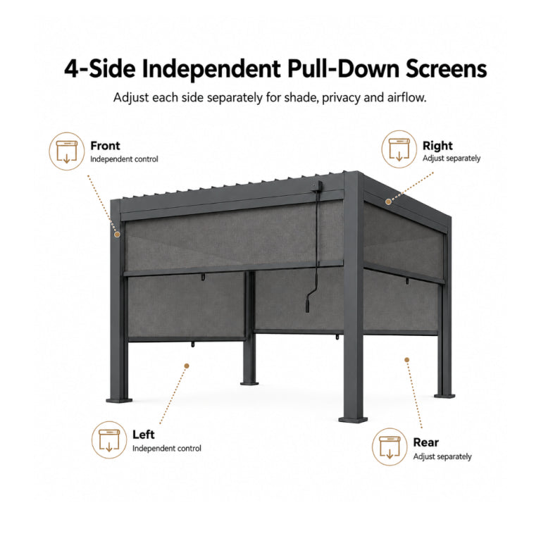 3x4M Manual Textilene Pergola with 4 Roller Blinds | Aluminum Outdoor Patio, Garden & Terrace Sun Shade
