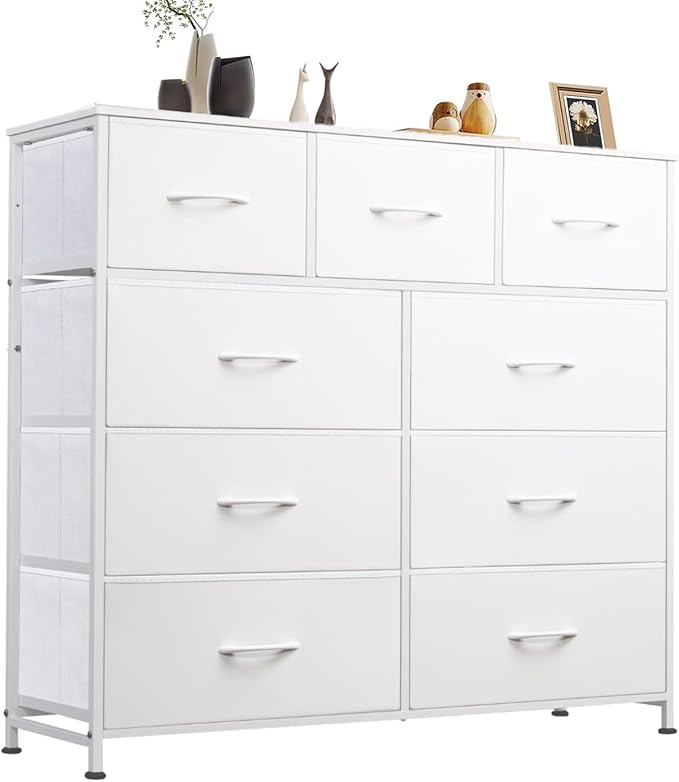 9-Drawer Fabric Storage Dresser – Storage Cabinet for Bedroom or Living Room (White)