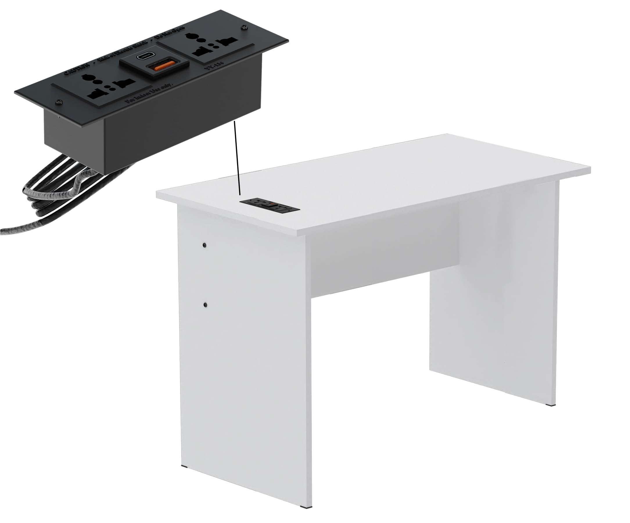 Mahmayi Modern MP1 120x60 Study Writing Table with BS01 Super Recessed Power Strip Desktop Socket Board, Modern Executive Desk for Adults, Home Offices, Schools, Laptop, Computer Workstation - WHITE