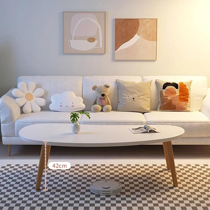 Modern Coffee Table – Large Oval Mango Shape for Living Room, Small Spaces, Bedroom & Balcony With Wood Frame – Beige