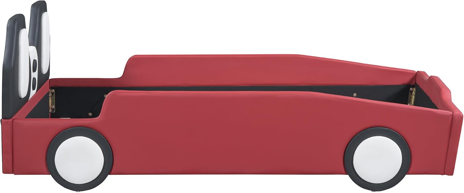 Twin Size Race kid Car Bed for Kids, PU Car-Shaped Bedframe with Wheels and Side Rails for Boys,Girls, Wood Slat Support, No Box Spring Needed,White