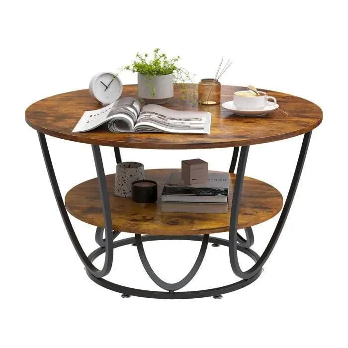 Round Coffee Table with Marble Top Like Finish Stylish 2-Tier Design