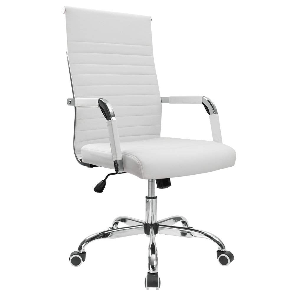 Furmax Ribbed Office Desk Mid-Back Pu Leather Executive Conference Task Adjustable Swivel Chair With Arms, Black