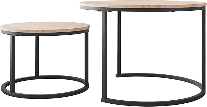 Modern Round Nesting Coffee Table Set Of 2 - Black & Natural Oak-GCC Home Center