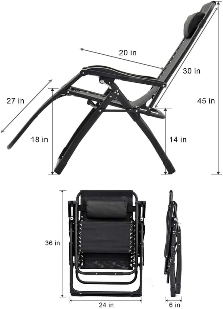 Adjustable Zero Gravity Recliner Chair – Folding Steel Mesh Lounge Chair with Pillow & Cup Holder, Portable Outdoor & Indoor - Black-GCC Home Center