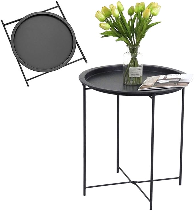 Compact Round Metal Coffee Table – 47×47×51 cm with Tray Top, Foldable Design, Lightweight & Waterproof
