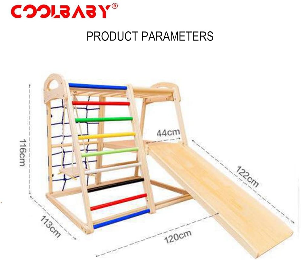 COOLBABY 6 in 1 Solid Wood Kids Climbing Frame. Kids Indoor Wooden Climbing Slide and Swing Combo. Toddler Indoor Playground and Kids Indoor Gym. Double Sided Slide (Climbing/Slide)