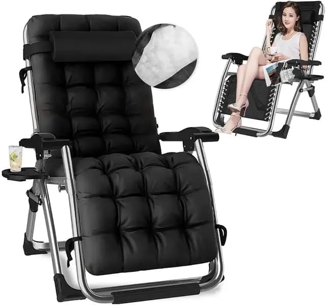 Adjustable Zero Gravity Recliner Chair – Folding Steel Mesh Lounge Chair with Pillow & Cup Holder, Portable Outdoor & Indoor - Black-GCC Home Center