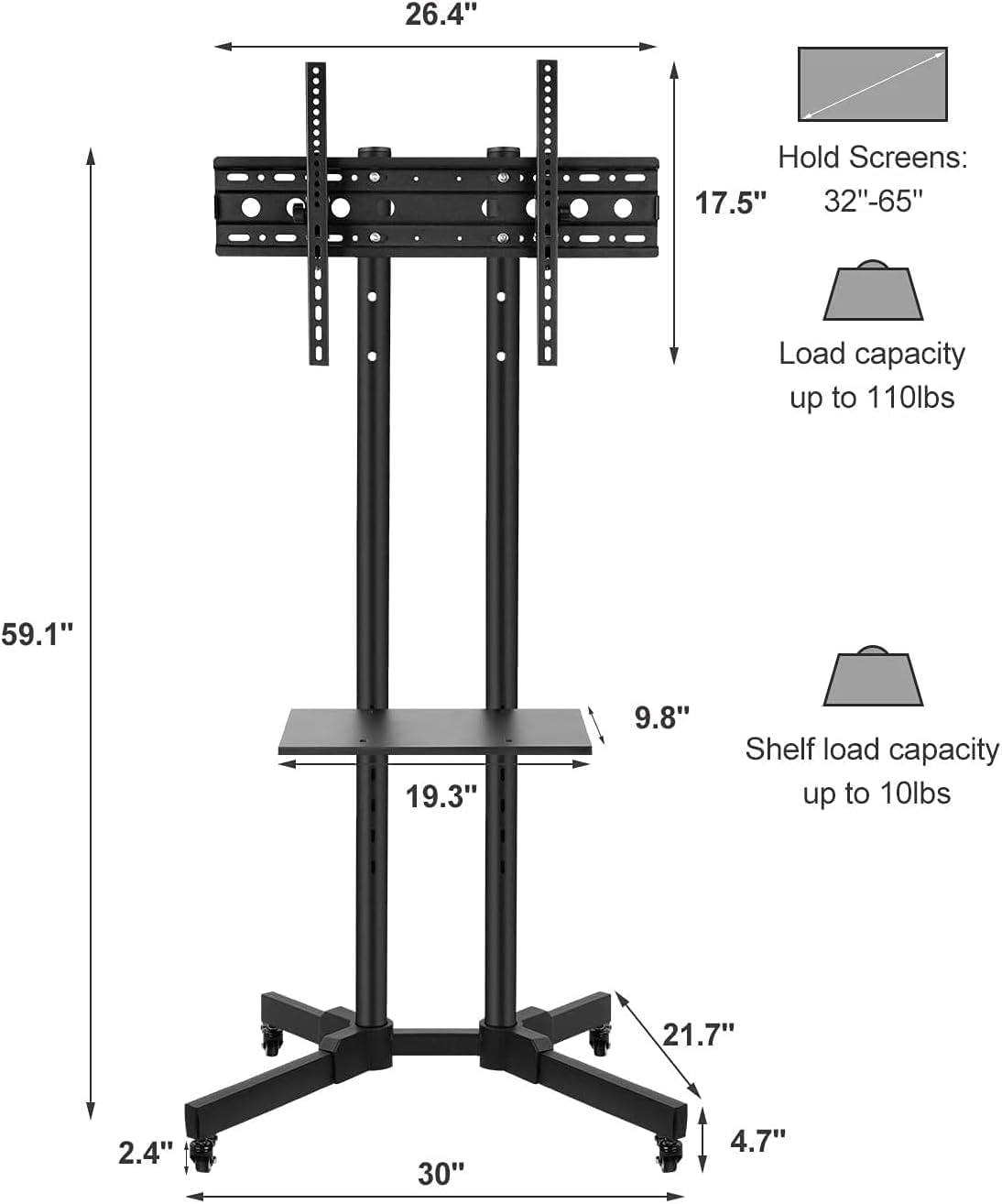 COOLBABY Mobile Rolling TV Cart with Lockable Wheels for 32-65inch LED Screen AV Carts & Stands, Tall TV Stand with Mount Height Adjustable Floor TV Stand Holds Up to 50KG Max VESA 600x400mm (Black)