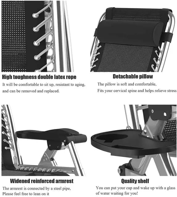 Adjustable Zero Gravity Recliner Chair – Folding Steel Mesh Lounge Chair with Pillow & Cup Holder, Portable Outdoor & Indoor - Black-GCC Home Center