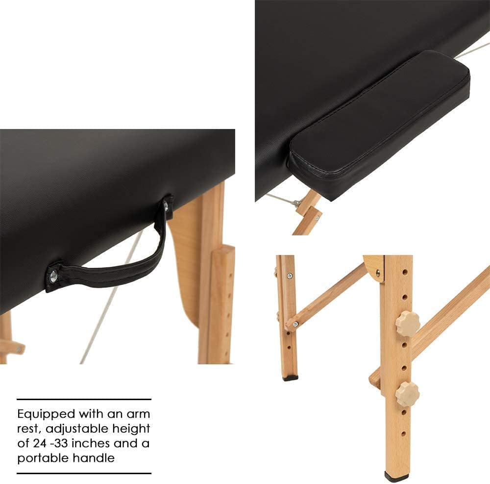 COOLBABY Professional Portable Massage Table Professional Adjustable Folding Bed with 3-part Wooden Frame Ergonomic Headrest and Lash Extension Bed,Facial Cradle Salon Bed (Black) KYBJ-302-SRK21