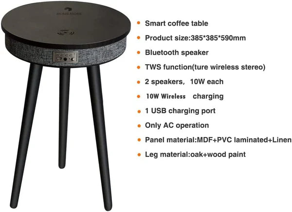 Modern Smart Side Table with 360° Bluetooth Speaker & Wireless Charging | Wooden Round End Table for Living Room, Bedroom & Office