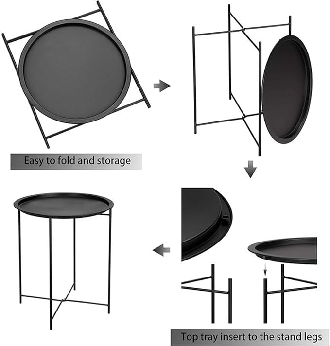 Compact Round Metal Coffee Table – 47×47×51 cm with Tray Top, Foldable Design, Lightweight & Waterproof