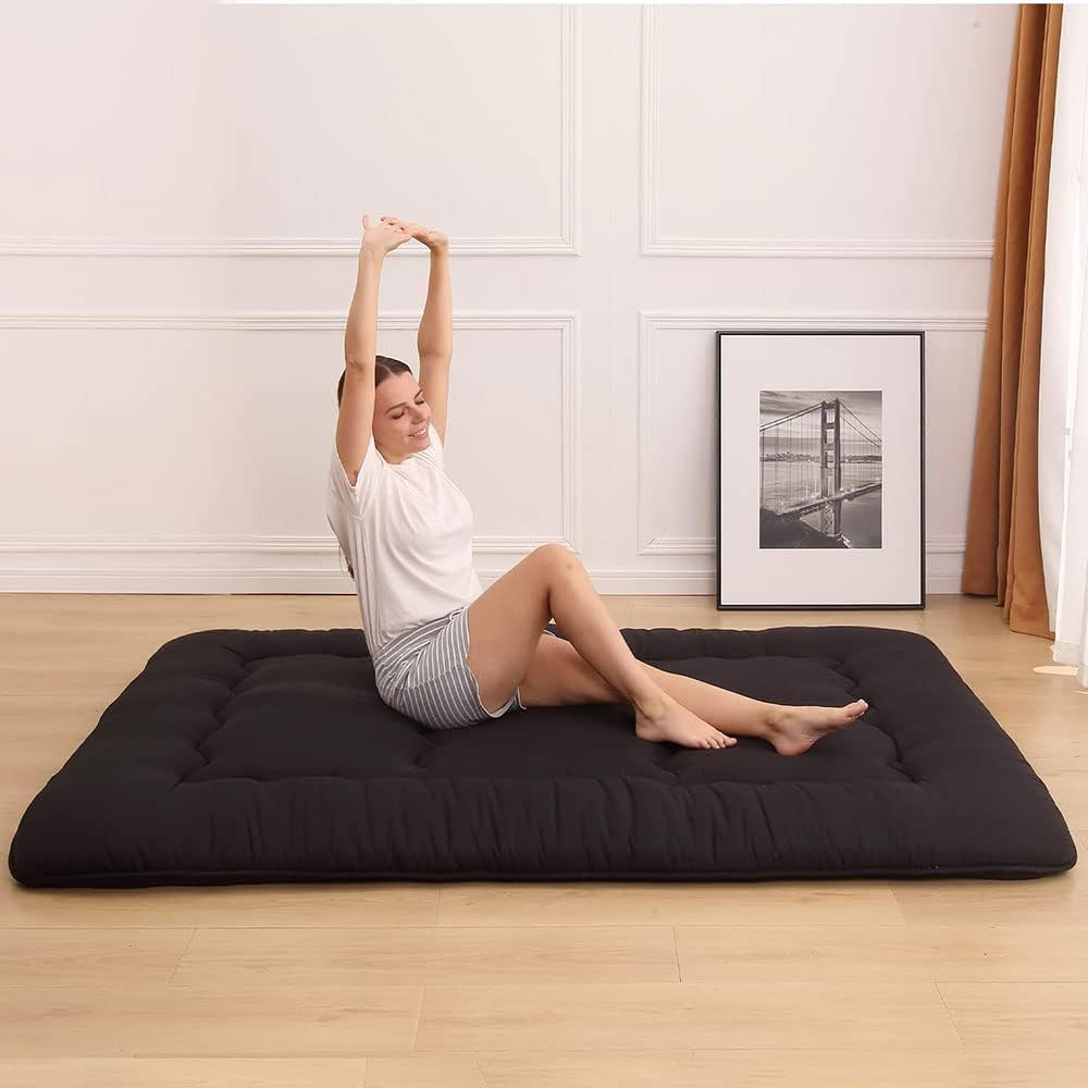 COOLBABY Japanese Floor Mattress Futon Mattress, Thicken Tatami Mat Sleeping Pad Foldable Roll Up Mattress Dormitory Mattress Pad Kids Floor Lounger Pillow Bed, 135 * 200CM Black, Full