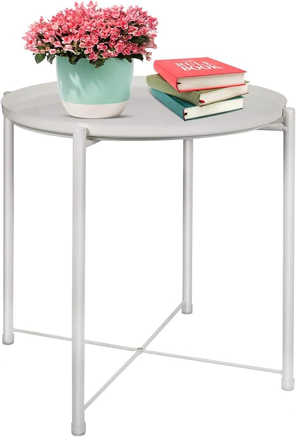 Round Metal Tray Table, Waterproof Folding Side Table for Living Room – 42×42×53cm