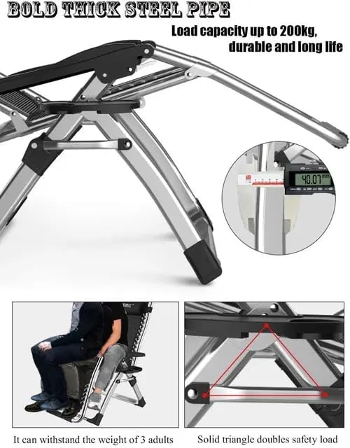 Adjustable Zero Gravity Recliner Chair – Folding Steel Mesh Lounge Chair with Pillow & Cup Holder, Portable Outdoor & Indoor - Black-GCC Home Center