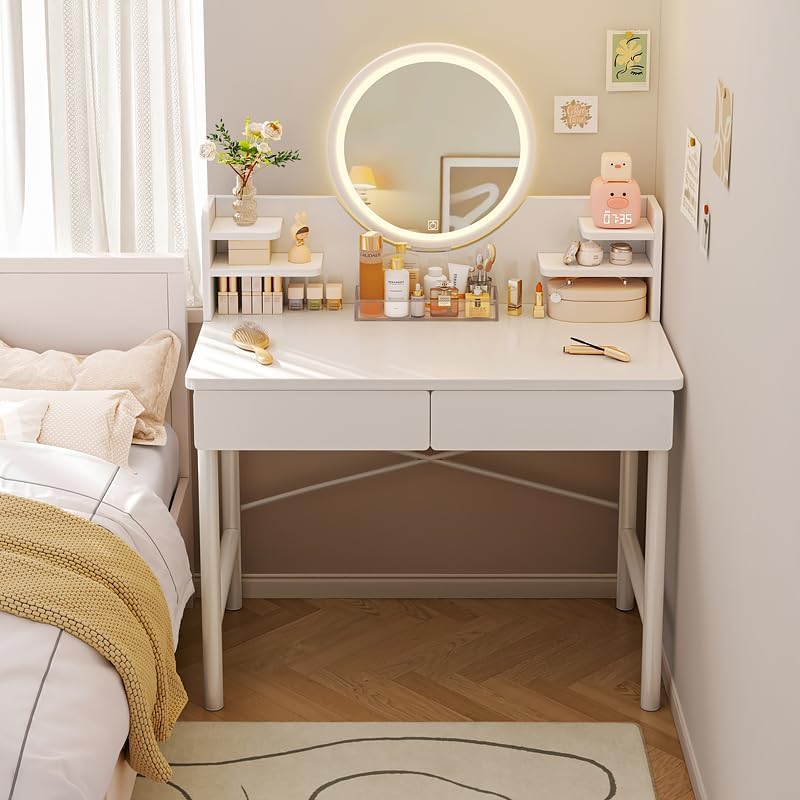 COOLBABY Vanity Desk with Mirror & Lights, Vanity Table with Storage Shelves, Dressing Table for Bedroom,Gifts for Girls and Women-GCC Home Center