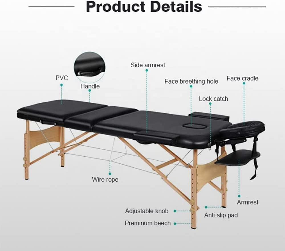 COOLBABY Professional Portable Massage Table Professional Adjustable Folding Bed with 3-part Wooden Frame Ergonomic Headrest and Lash Extension Bed,Facial Cradle Salon Bed (Black) KYBJ-302-SRK21