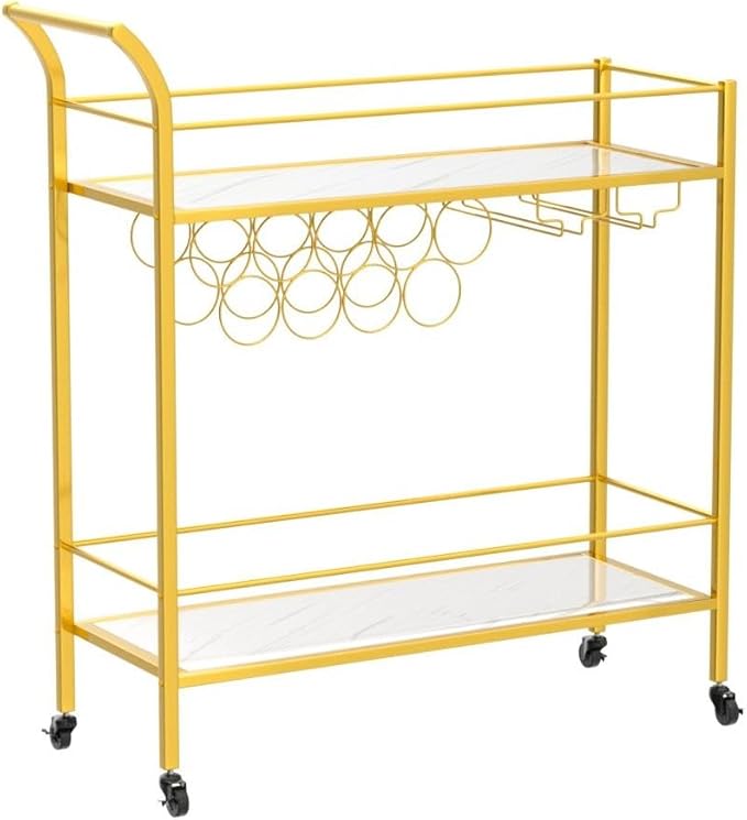 Bar Cart, Home Bar Serving Cart, 2 Tier Drink Cart with 9 Bottle Racks-GCC Home Center